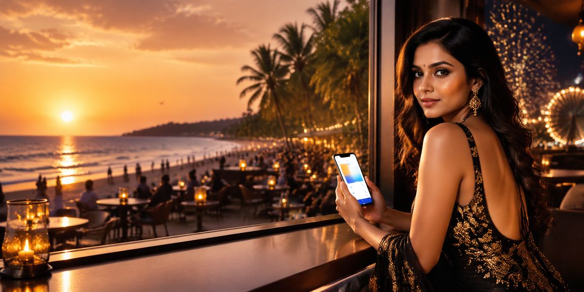 Mobile payment transaction on a beach in Goa with sunny background